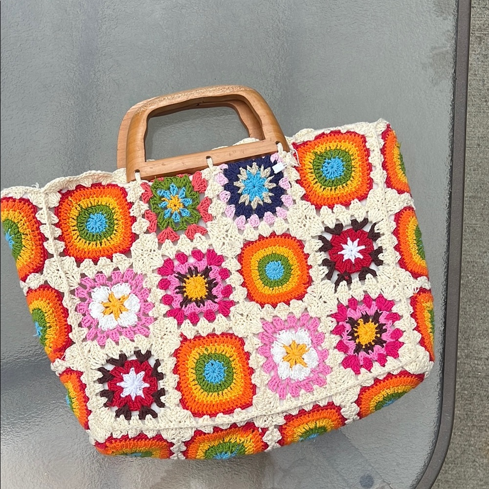 Altar'd State Multicolor Crochet Tote with Wooden Handles